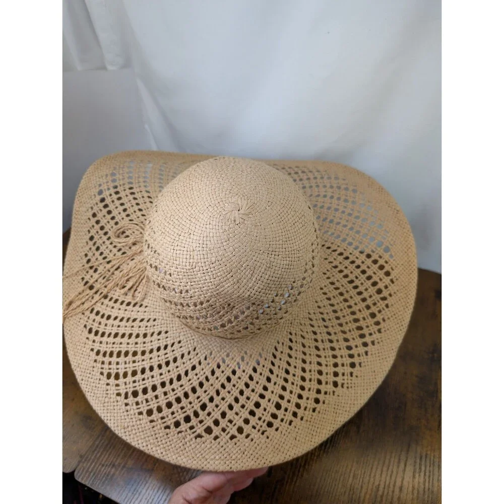 Marcus Adler Wide Brim Straw Sun Hat Open Weave Floppy Beach Boho Bow Tan OS EUC